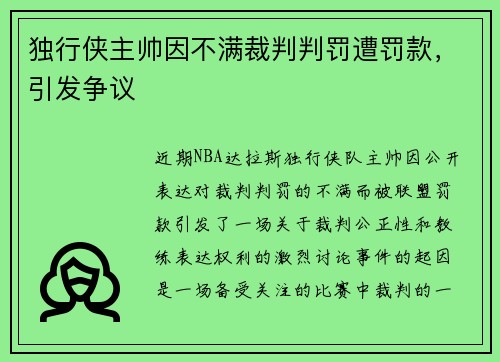 独行侠主帅因不满裁判判罚遭罚款，引发争议